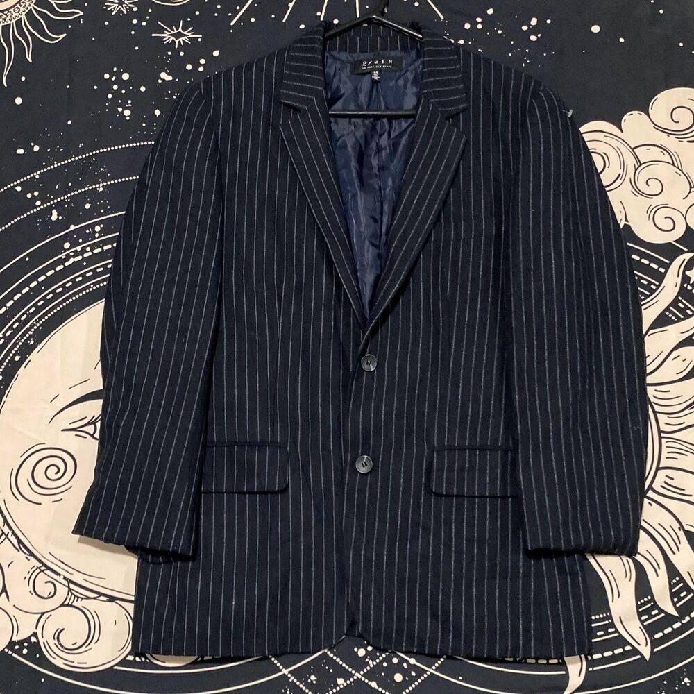 21 Men Blazer Coat Men's L Blue Pinstripe Wool 2-Button Suit Jacket Business